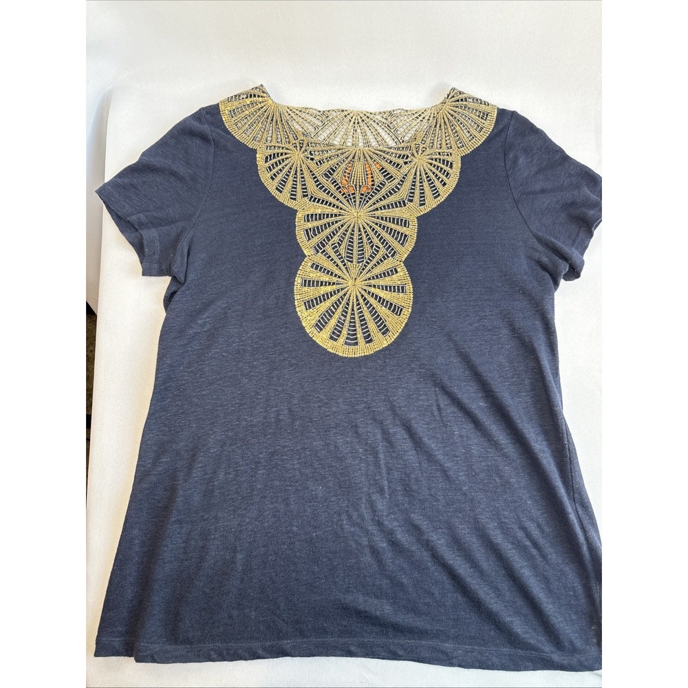 Tory Burch Navy Linen Short Sleeve Top Metalic Sequin Detail Neckline Size Small